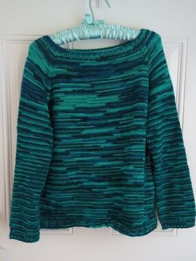Hand Knit Boat Neck Long Sleeve Sweater. Varigated Teal And Blues.